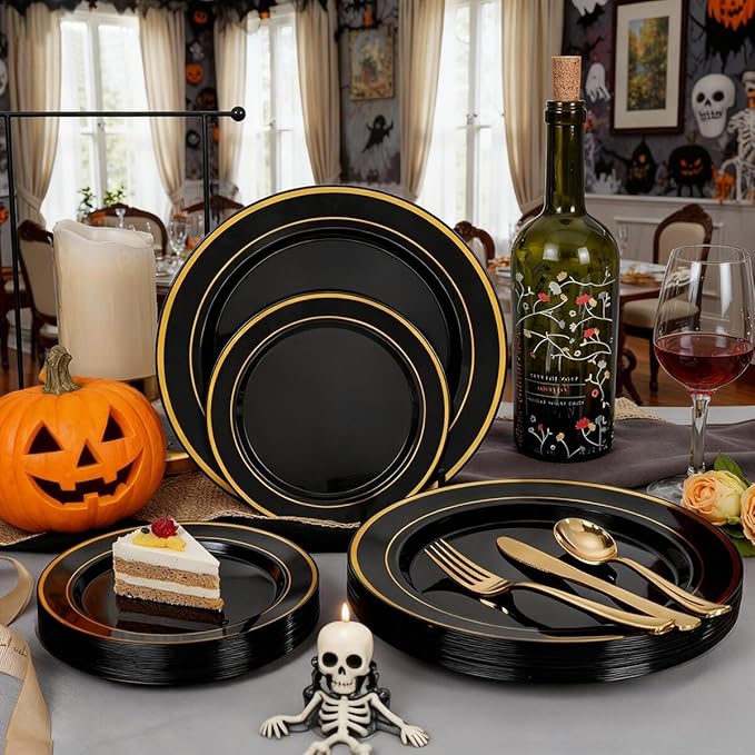 350 Pieces Black and Gold Plastic Plates with Disposable Silverware, Include 50 Dinner Plates 9”, 50 Dessert Plates 6.3”, 50 Black Cups 9 OZ, 50 Pre Rolled Napkins for Halloween new year