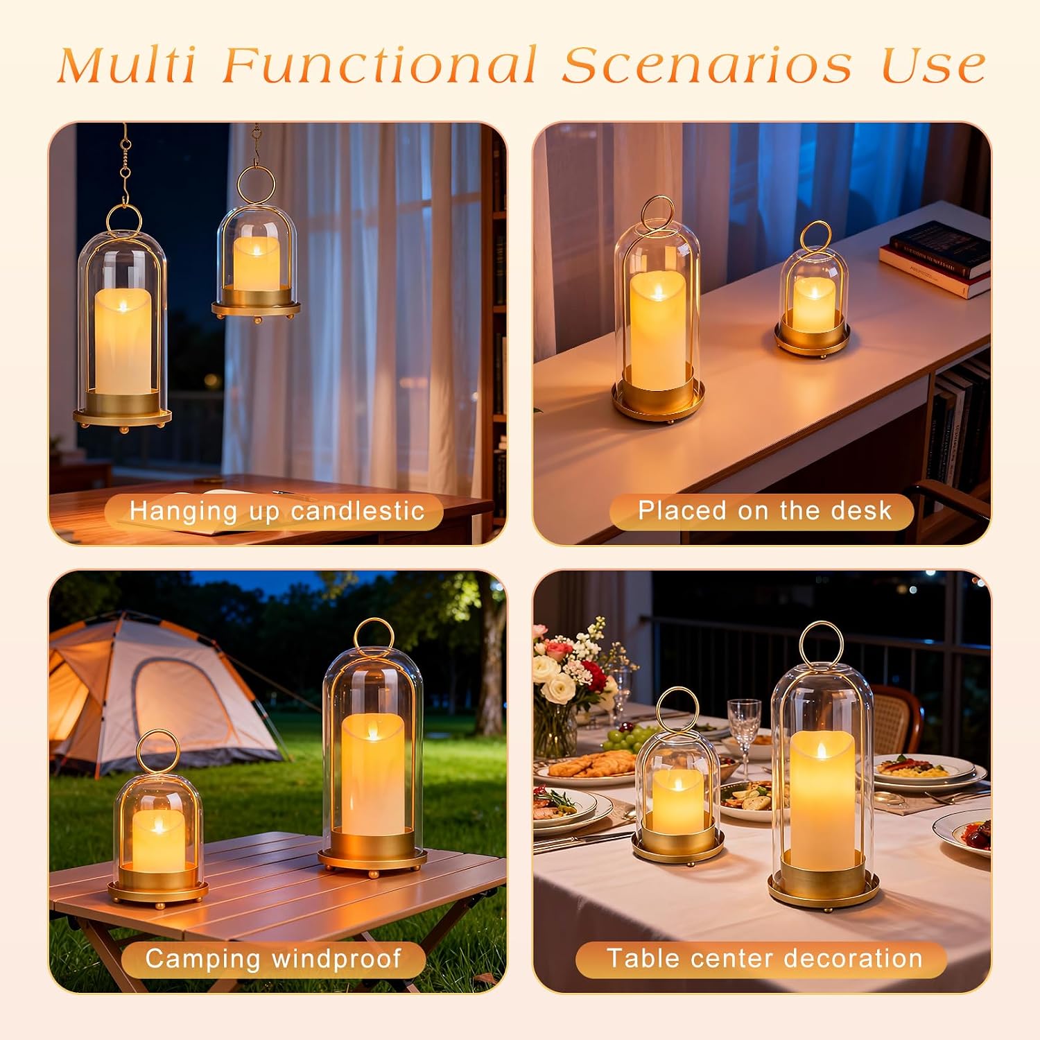 Fohil 5" & 4" Hurricane Glass Candle Holders, Set of 2 Metal Candle Holder with Handmade Sturdy Glass Dome, Candle Lantern for Pillar Candles, Plants, Table Centerpiece, Home Decor