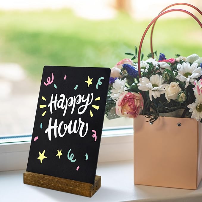 3 Pack Small Chalkboard Signs With Stand, 8x5'' Table Top Sign With Wooden Base, Double-Sided Mini Boards for Food Messages, Restaurant, Bar, Party, Store Decoration