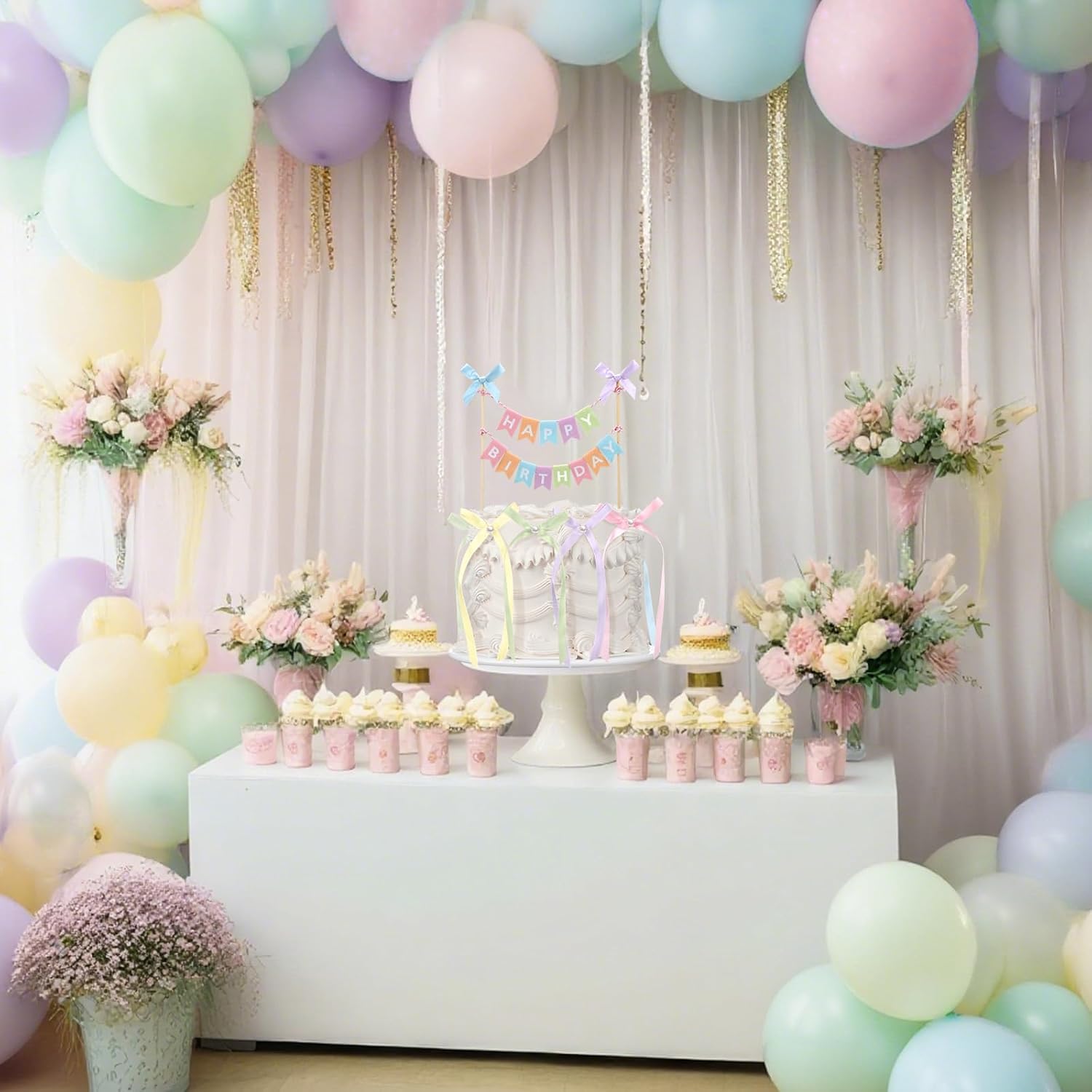 Honeydak 11 Pcs Pastel Bow Ribbon Cake Topper Happy Birthday Cake Bunting Topper with Wood Pole Handmade Pennant Flags with Bows Ribbon for Birthday, Bridal Party Decoration