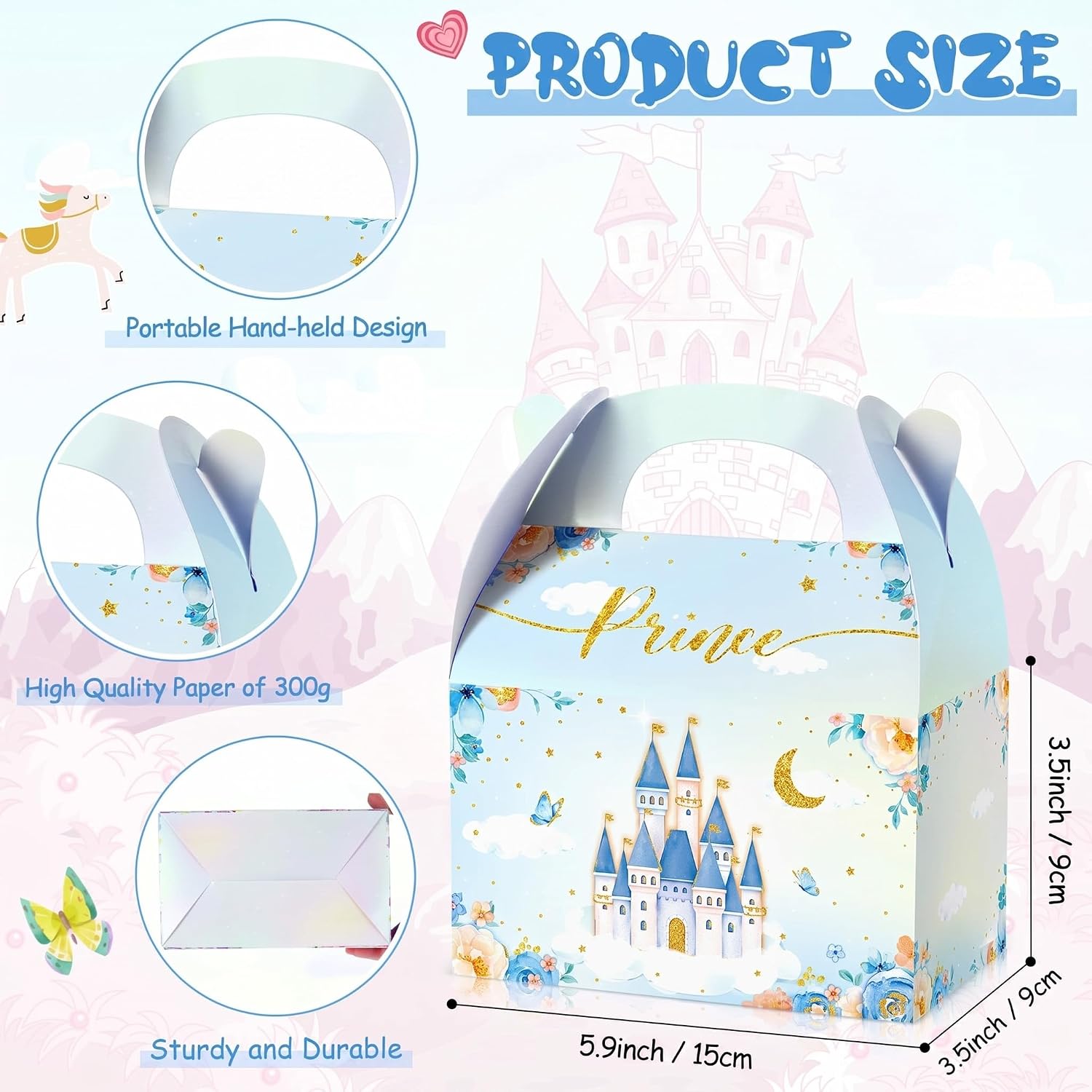 Nezyo 60 Pcs Princess and Prince Treat Boxes - Pink & Blue Crown Cardboard Goodie Boxes for Birthday Party Favors (Prince and Princess)