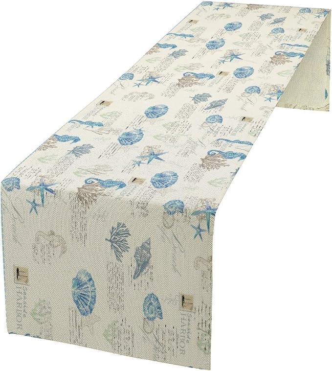 Starfish Table Runner,Vintage Nautical Seashell Tropical Beach Theme Coastal Ocean Sea Burlap for Hotel Indoors Outdoor Dining Room Kitchen Tablecloth, 13x36in