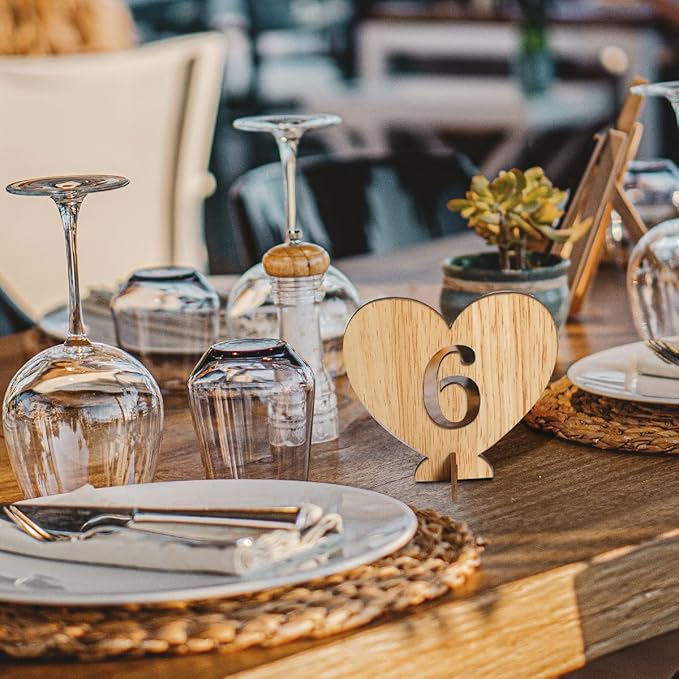 Heart Shape Wooden Table Numbers 1-20 With Holder Base - Rustic Hollow Out Wood Cards for Wedding, Party, Event Decoration