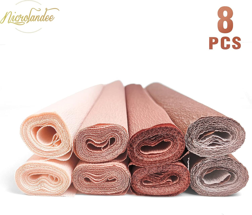NICROLANDEE 8 Rolls Rose Gold Premium Crepe Paper Rolls for DIY Gift Wrapping Paper Crafts Birthday Wedding Holiday Paper Flower, 20 inches Wide by 6.56 ft Long, 4 Colors