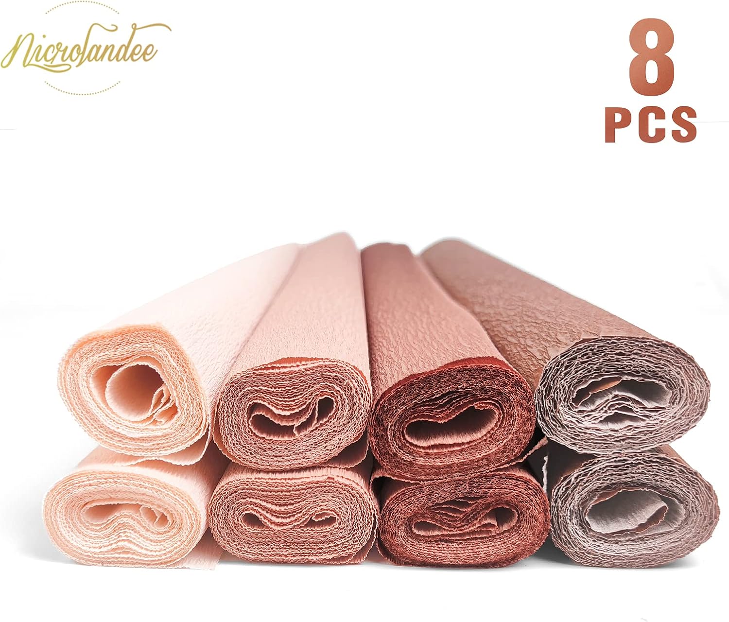 NICROLANDEE 8 Rolls Rose Gold Premium Crepe Paper Rolls for DIY Gift Wrapping Paper Crafts Birthday Wedding Holiday Paper Flower, 20 inches Wide by 6.56 ft Long, 4 Colors