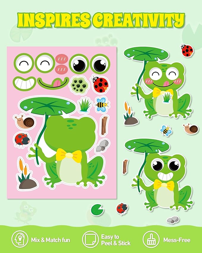 Aowplc 32 Sheets Frog Make-a-Face Stickers for Kids 8 Cute Designs Frog Craft Activities & Party Favors