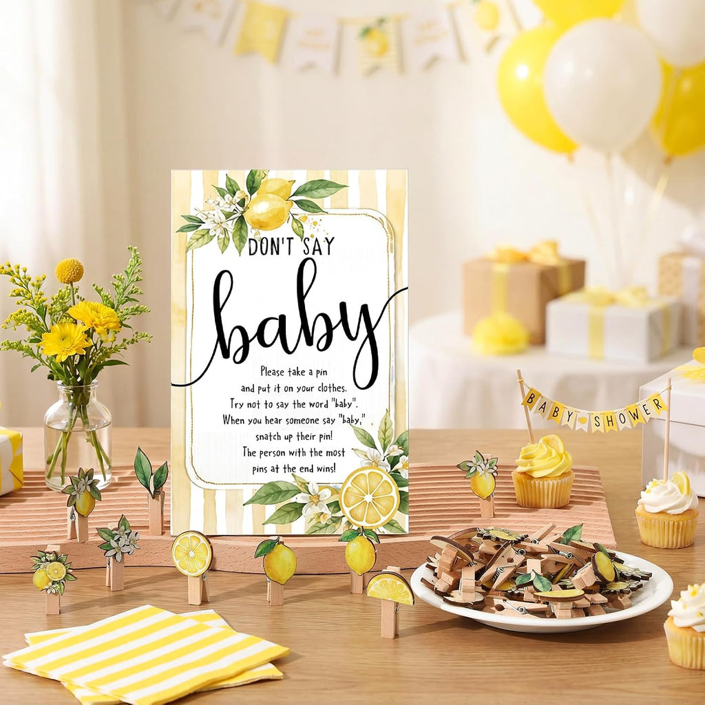 Unittype 51 Pcs Don't Say Baby Shower Game Supplies Include Baby Shower Sign and 50 Mini Clothespins for Boys Girls Gender Reveal Party Game Prizes (Lemon)