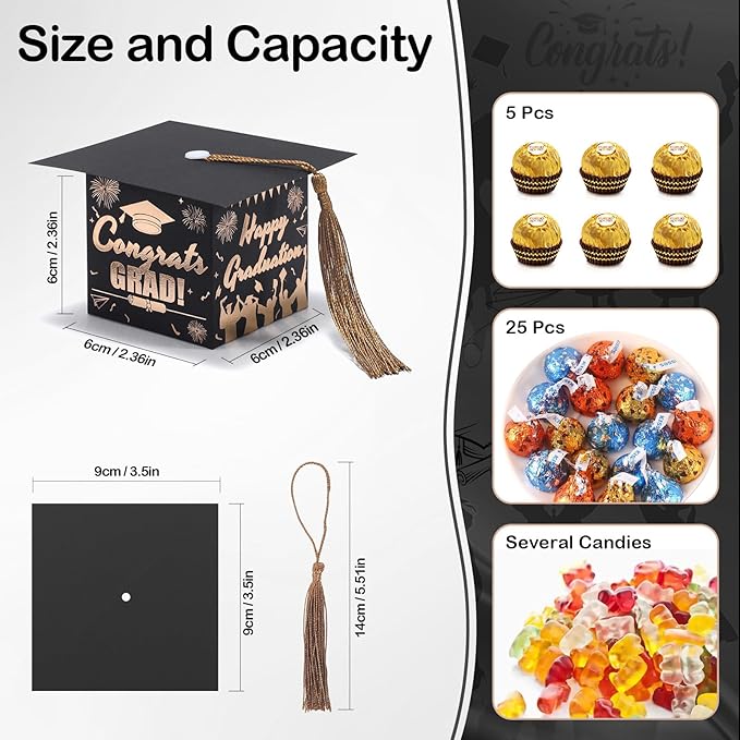 COTOPHER 36 Pack Mini Graduation Cap Gift Boxes with Tassel, Class of 2025 Graduation Candy Boxes Centerpieces for Tables Party Decorations, Small Treat Chocolate Box Graduate Favors Supplies