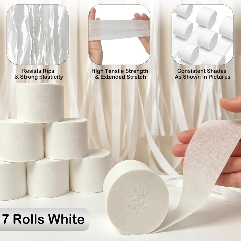 White Crepe Paper Streamers 7 Rolls 574ft of Streamers Party Decorations for Wedding Graduation,Baby Shower,Engagement Anniversary,Birthday Decorations (White)