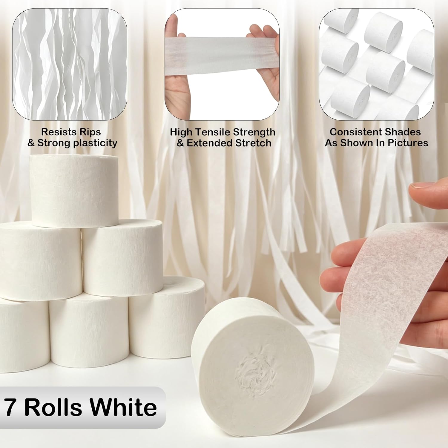 White Crepe Paper Streamers 7 Rolls 574ft of Streamers Party Decorations for Wedding Graduation,Baby Shower,Engagement Anniversary,Birthday Decorations (White)