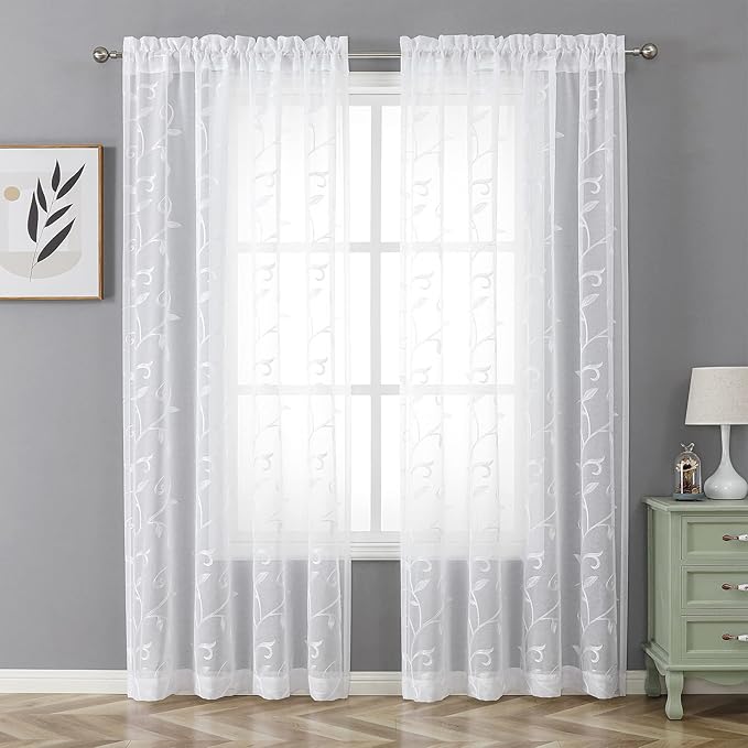 VISIONTEX White Leaves Sheer Voile Curtains, Decorative Embroidery Rod Pocket Window Drapes for Home Living Room and Bedroom 54 x 72 Inch, Set of 2 Curtain Panels
