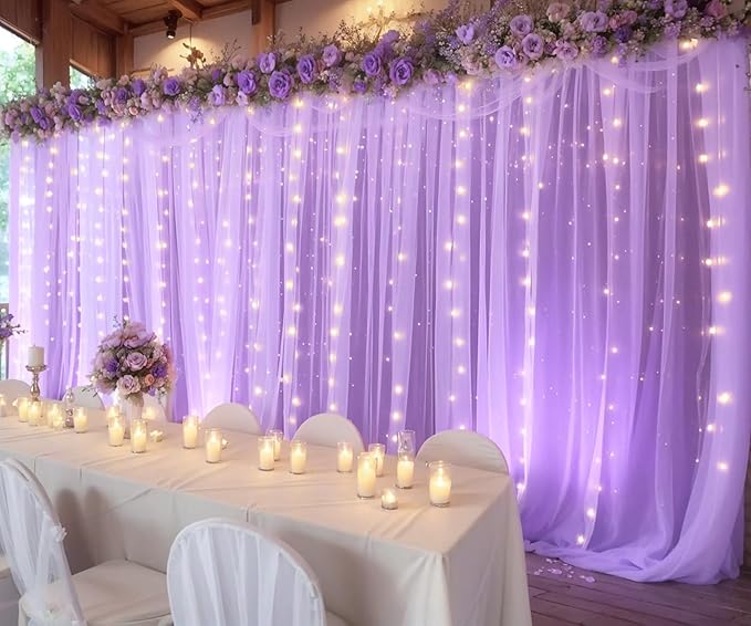 10ft x 10ft Lavender Tulle Photo Backdrop Curtain with Lights String for Parties Wedding Bridal Shower Sheer Lavender Curtain Backdrop for Birthday Baby Shower Photo Booth Photography