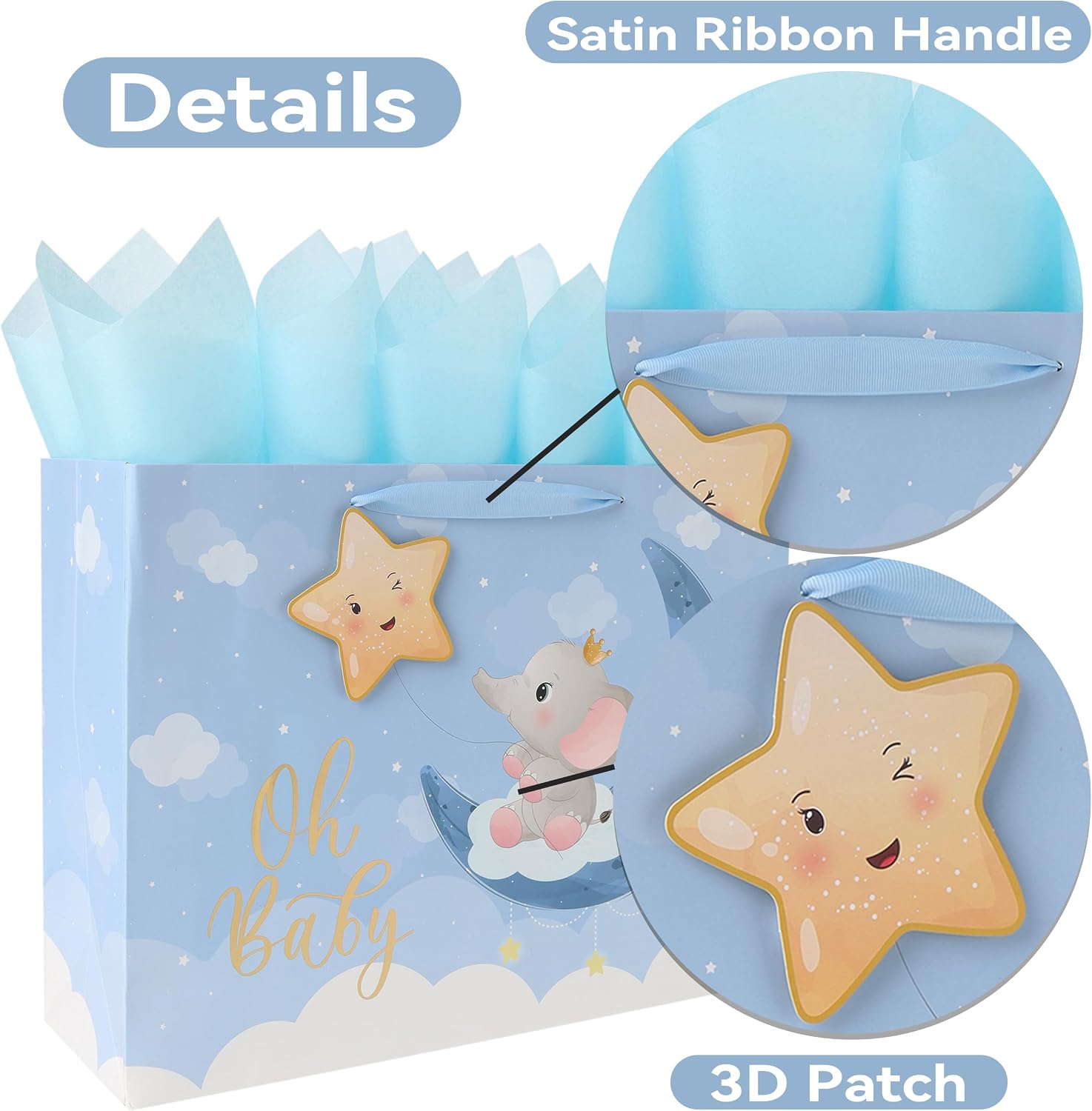 16.5'' Extra Large Baby Boy Gift Bag Set with Handles, Greeting Card, Blue Tissue Papers and Stickers for Boys Kids for Baby Shower, Boys' Birthday Party, Newborn, New Moms, Little One, 1st Baby, Elephant and 3D Star Design, 1 Pcs