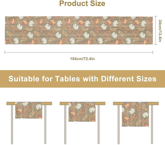 Autumn Table Runner,Pumpkins Maple Leaves Wood Fall r Seasonal Table Runner Kitchen Dining Table Decoration for Home Party Decor 13x70 Inch