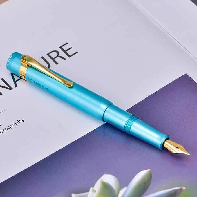HONG DIAN M2 Black Forest Mini Fountain Pen, Fine Soft Nib & Sleek Shape Aluminium Short Pocket Travel Pen (Lake Blue)