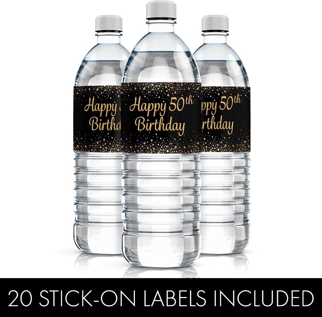 DISTINCTIVS Black and Gold 50th Birthday Water Bottle Labels – 20 Count – Waterproof – 50th Birthday Party Favors for Men and Women