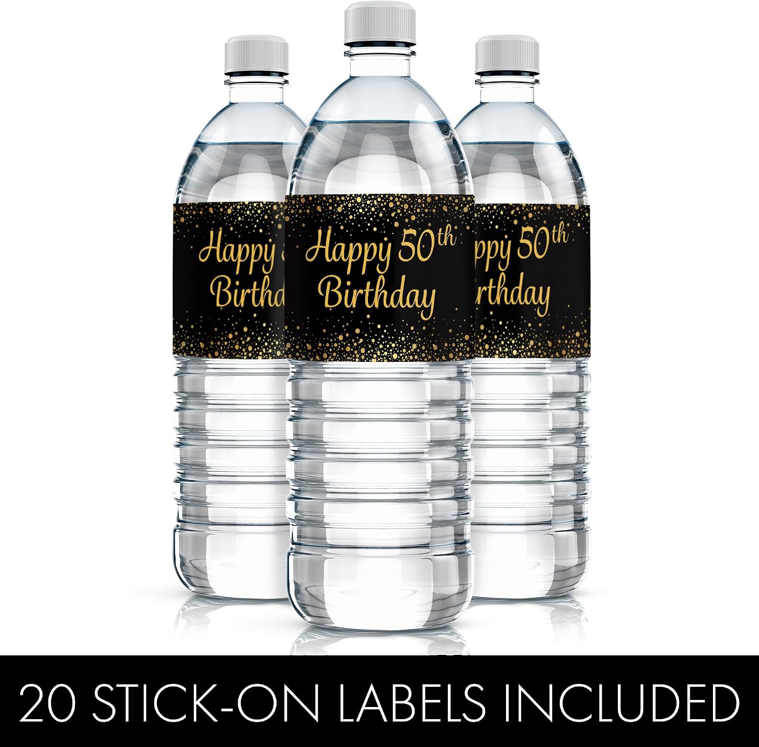 DISTINCTIVS Black and Gold 50th Birthday Water Bottle Labels – 20 Count – Waterproof – 50th Birthday Party Favors for Men and Women