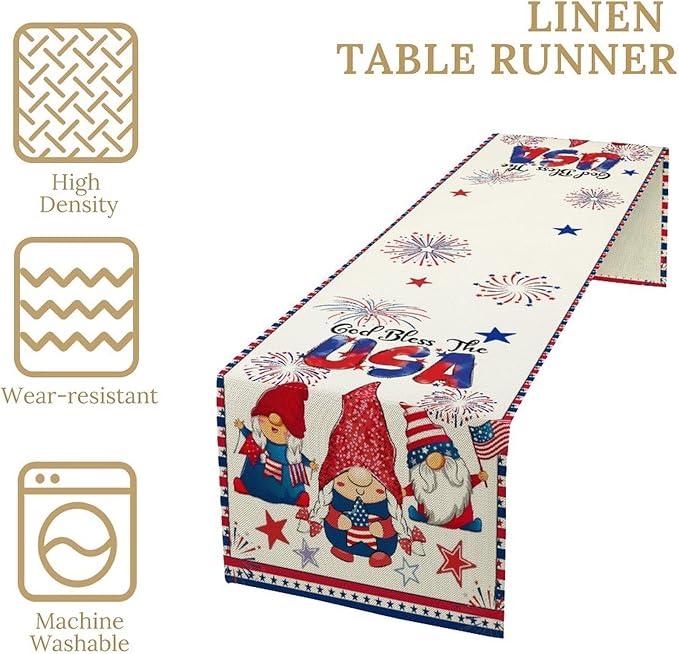 Cute Patriotic Gnomes Table Runner, American Independence Day 4th of July Gnome Blue Red Fireworks Confetti Print Table Runner for Home Kitchen Dining Table Party Decor, 13x120inch