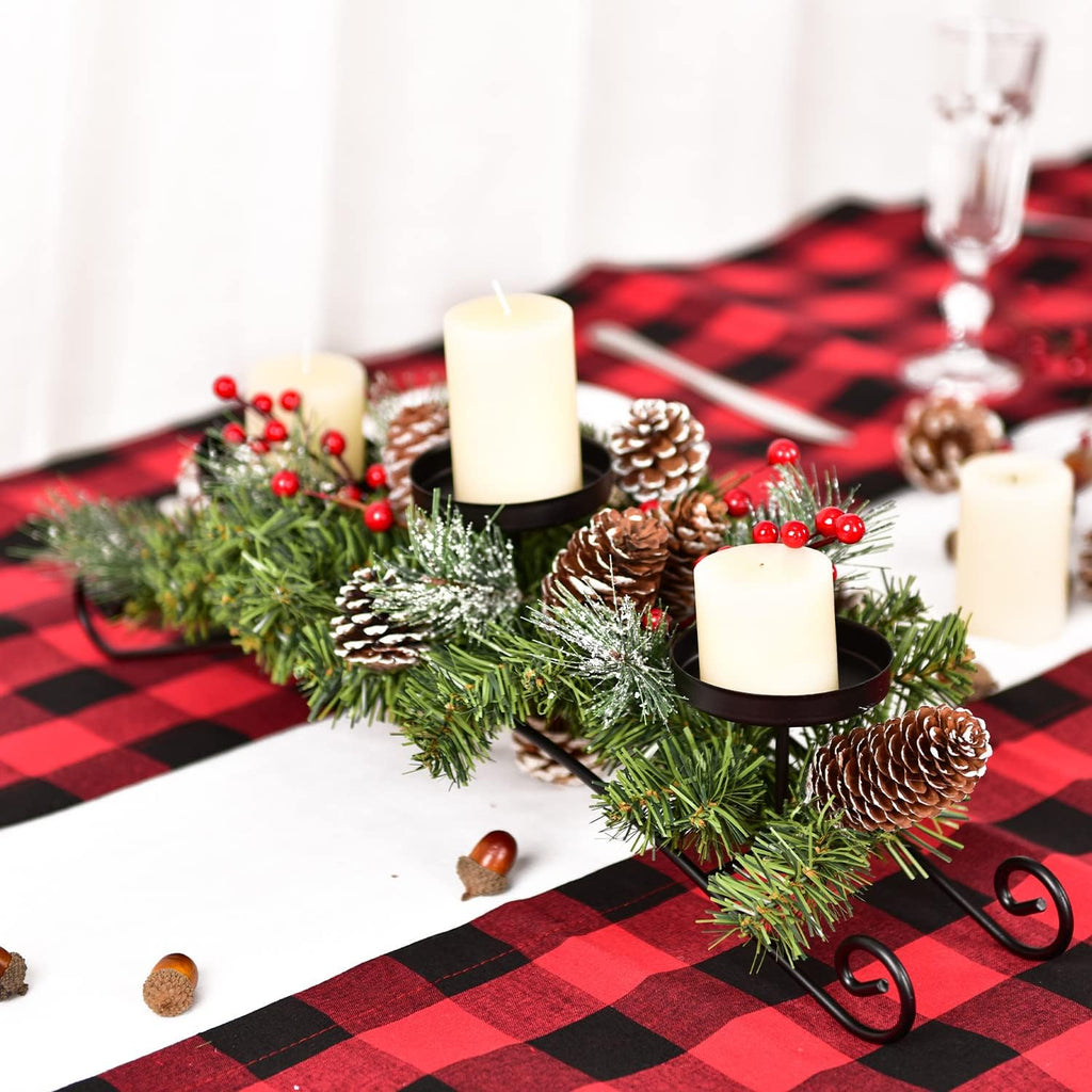 20 Inch Christmas Candle Holder Centerpiece with 3 Candle Holders, Pine Cones, Red Berry Table Accent for Festival Home Decoration