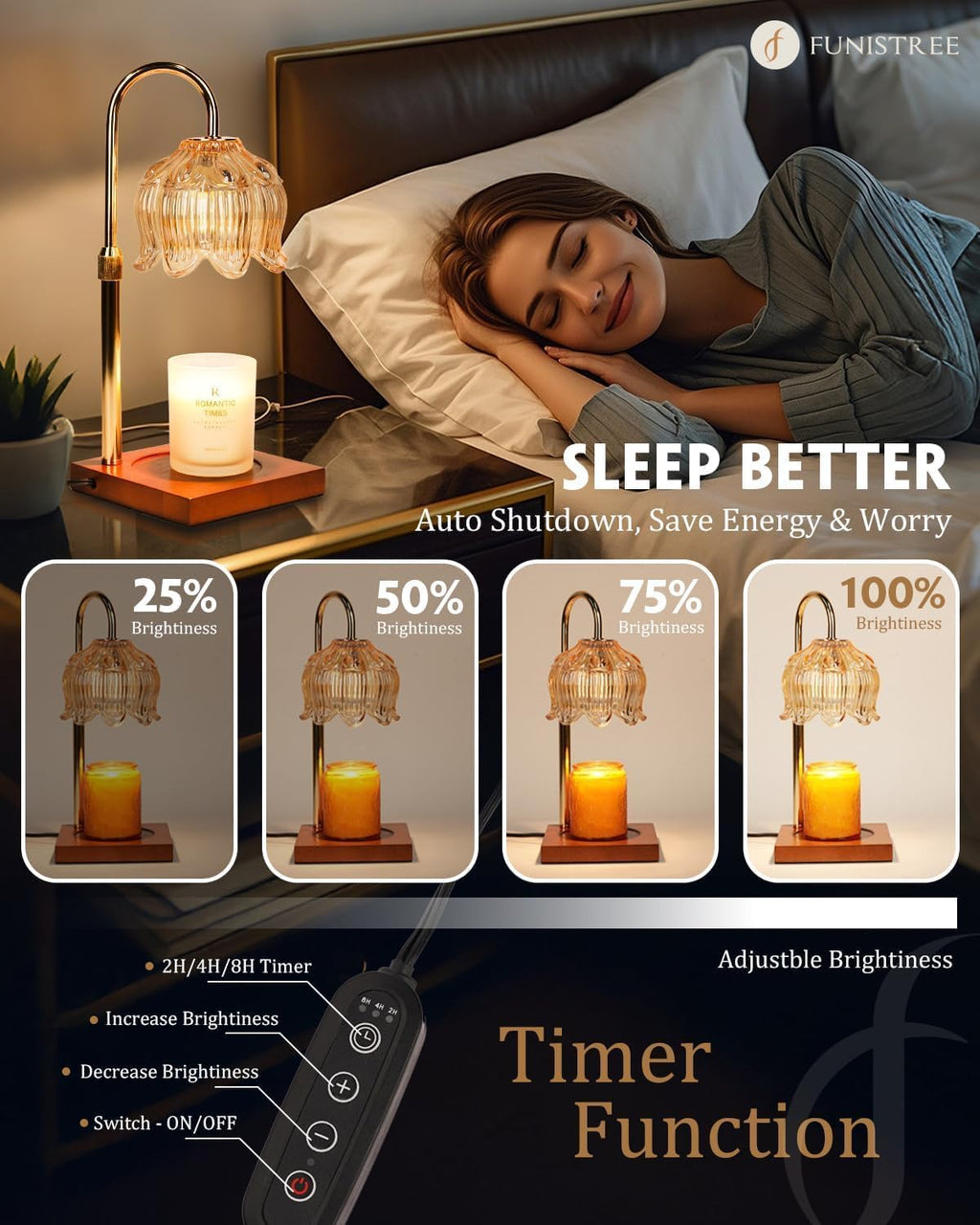 Funistree Flower Candle Warmer Lamp with Timer & Dimmer, Adjustable Height Candle Warmer, Christmas Birthday Gifts for Women Mom, House Warming New Home Decor, Wax Warmer with 2 Bulbs for Jar Candles
