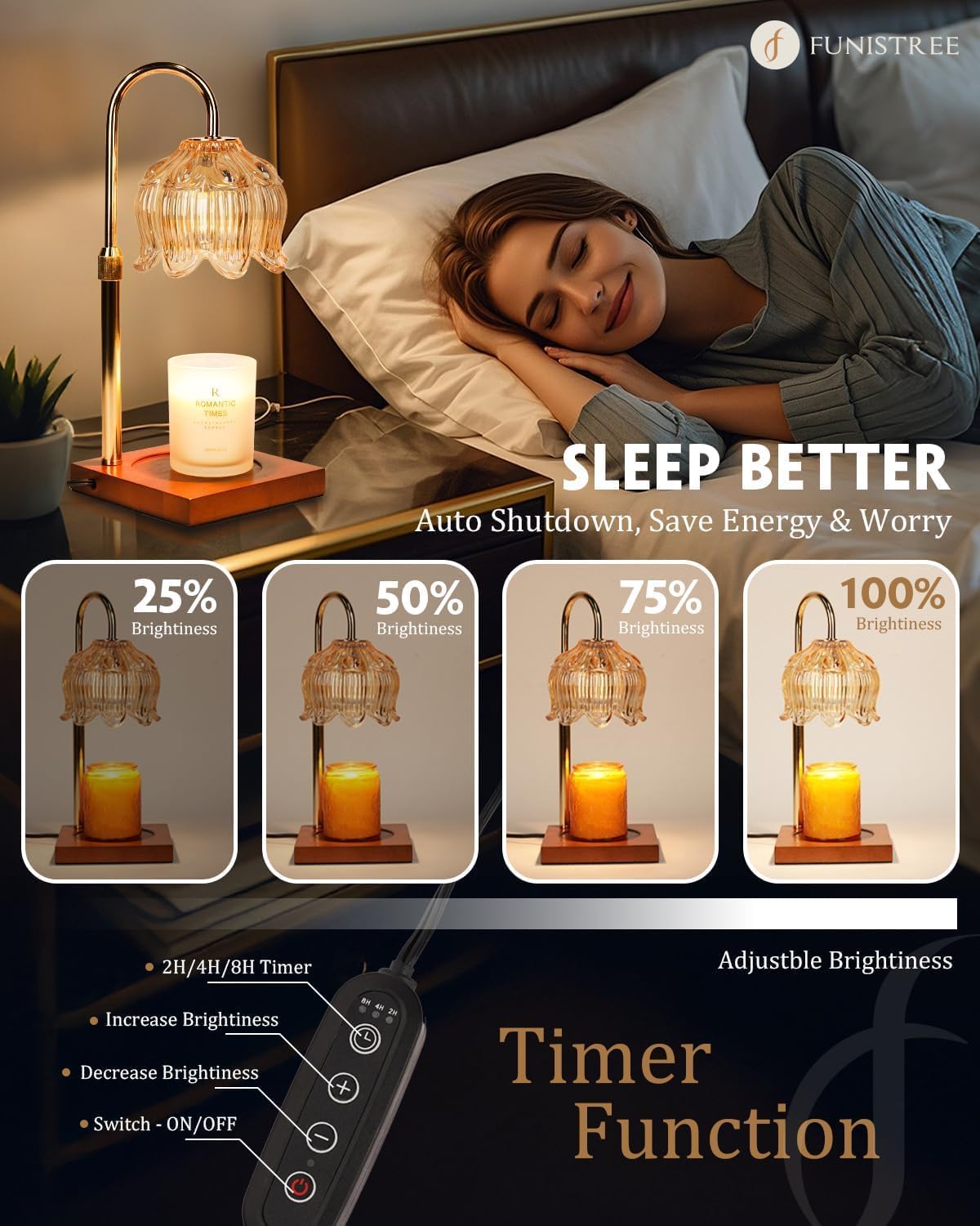 Funistree Flower Candle Warmer Lamp with Timer & Dimmer, Adjustable Height Candle Warmer, Christmas Birthday Gifts for Women Mom, House Warming New Home Decor, Wax Warmer with 2 Bulbs for Jar Candles