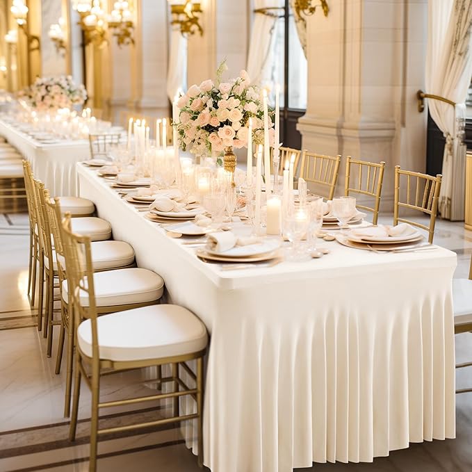 Wish Care 6 Pack Ivory Spandex Table Clothes for 6Foot Rectangle Tables, 6FT Wrinkle Free Fitted Tablecloths Ruffles Design Table Cover for Party, Banquet, Wedding and Events