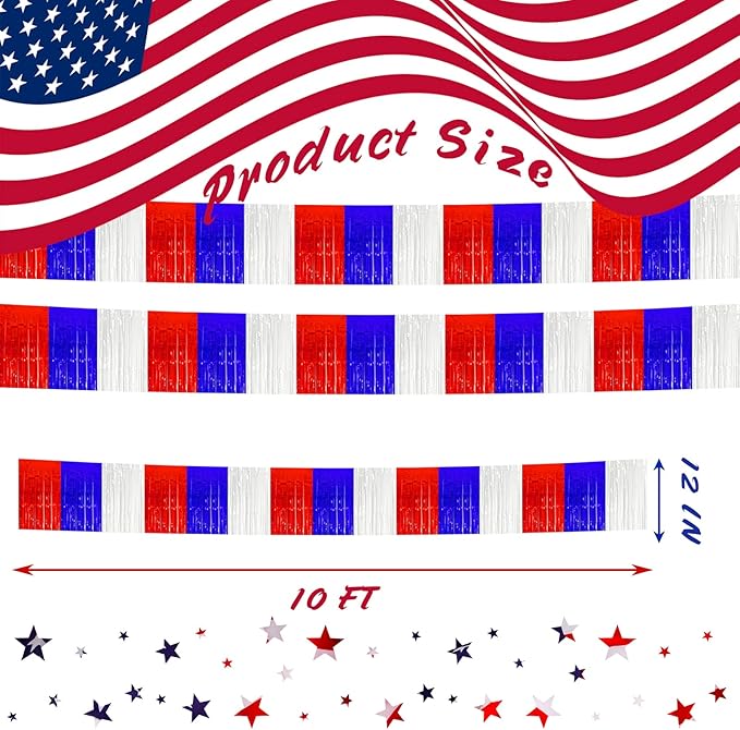 6 Pack 10 Feet White Blue Red Foil Fringe Garland Metallic Tinsel Streamers Banner Wall Hanging Backdrop Banner for Parade Floats, Thanksgiving, Christmas, Birthday, Halloween Party Decorations