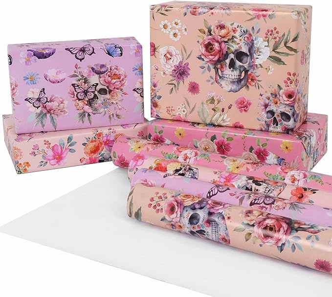 Aimyoo Gothic Wrapping Paper Rolls, 17 Inch X 10 Feet - 4 Rolls - Skull Floral Butterfly Design Gift Wrap Paper for Mother's Day, Birthday Bridal Shower