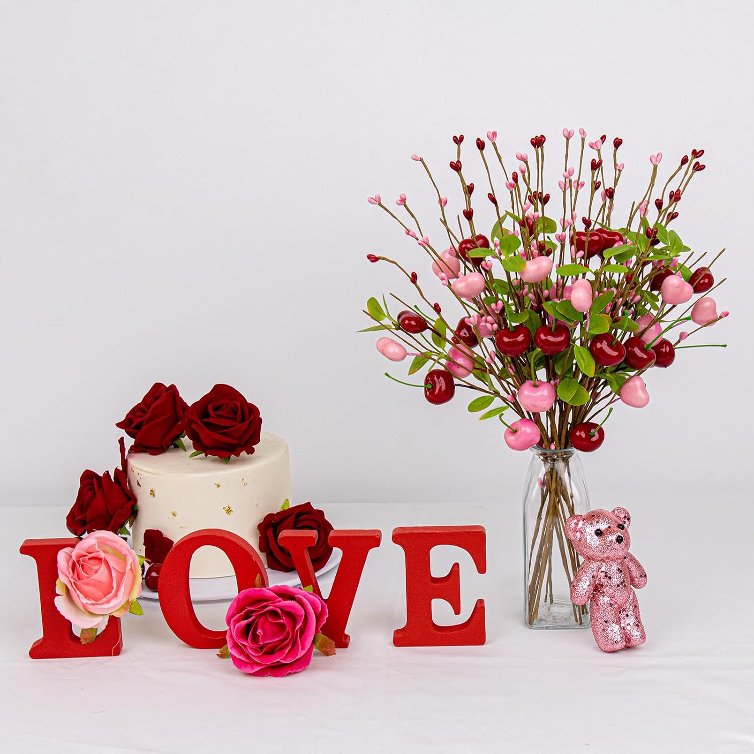 Yawwind 12 PCs Valentine Table Centerpieces 17 Inches Valentines Picks Valentines Day Floral Stems Romantic Heart Flower Picks with Cherry for Gift Vase Table Centerpiece Wedding Indoor Decor