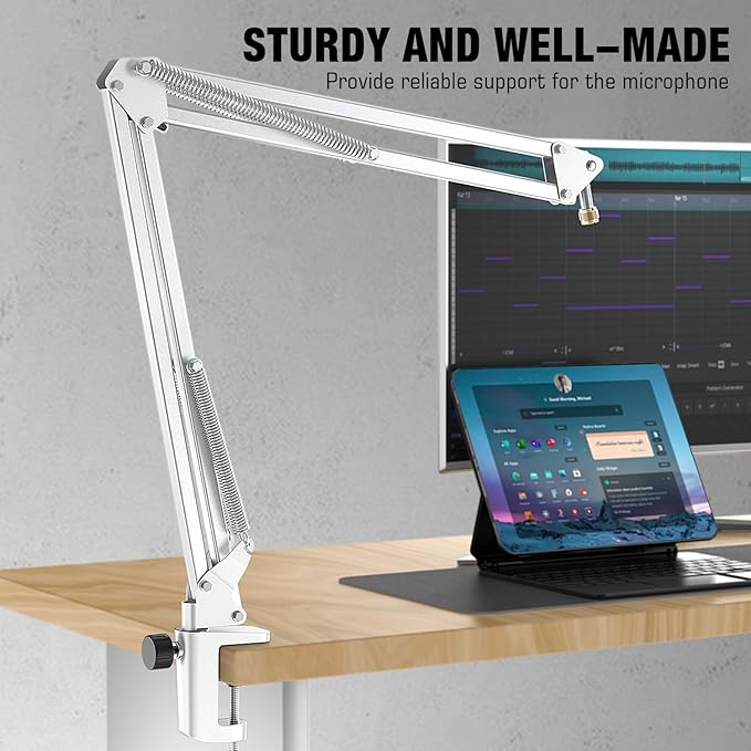 FIFINE Microphone Boom Arm, Suspension Mic Arm Stand with Mount Clamp, Metal Scissor Mic Stand with 3/8" to 5/8" Adapter for Home Studio Recording Podcast Gaming-CS1 White