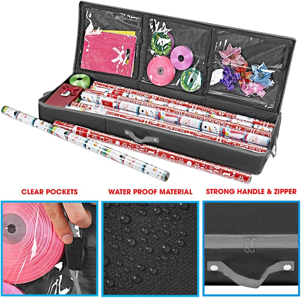 Wrapping Paper Storage Container | Gift Wrap Organizer Under Bed | 41”x14”x6” | Box Holder for 18-24 Rolls Up to 40” | 600D Oxford Material | Pockets for Ribbon, Bows, and Accessories (Black)