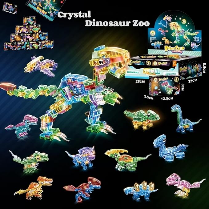 Crystal Dinosaur Party Favors for Kids,12 in 1 Mini Dinosaur Building Blocks Toy Animals Building Sets,Dino Party Goodie Bags Fillers,Classroom Prizes Christmas Birthday Gift for Student,Kid Age 6-12