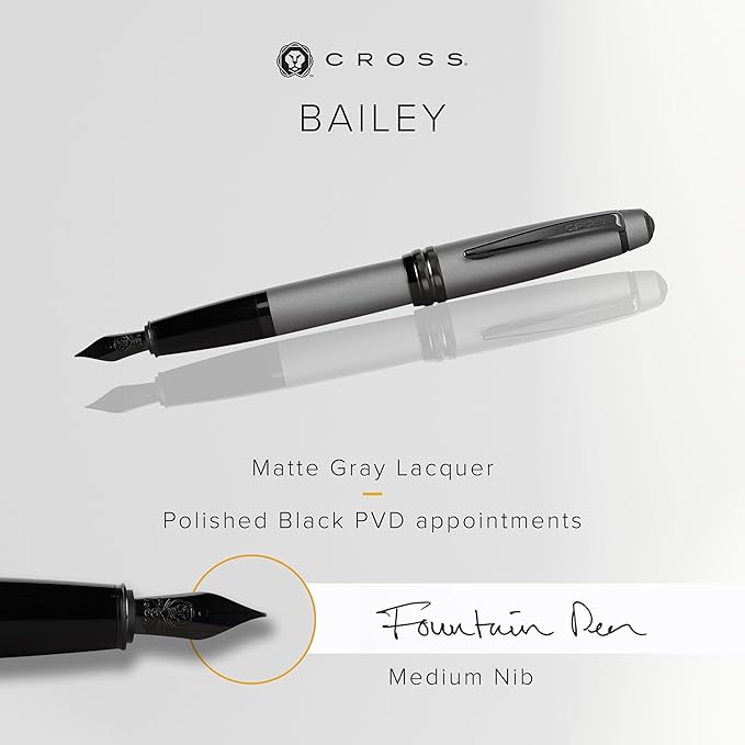 Cross Bailey Refillable Fountain Presented in a Premium Gift Box - Medium Point, Black Ink, Matte Gray