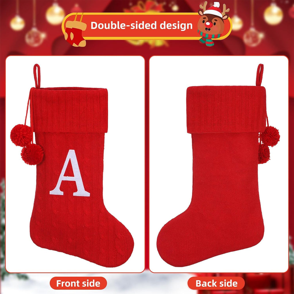 Personalized Christmas Stocking 19 Inch - Red Cable Knit with Monogram Embroidery & Pom Poms, Family Fireplace Hanger for Holiday Decor, Red Letter J
