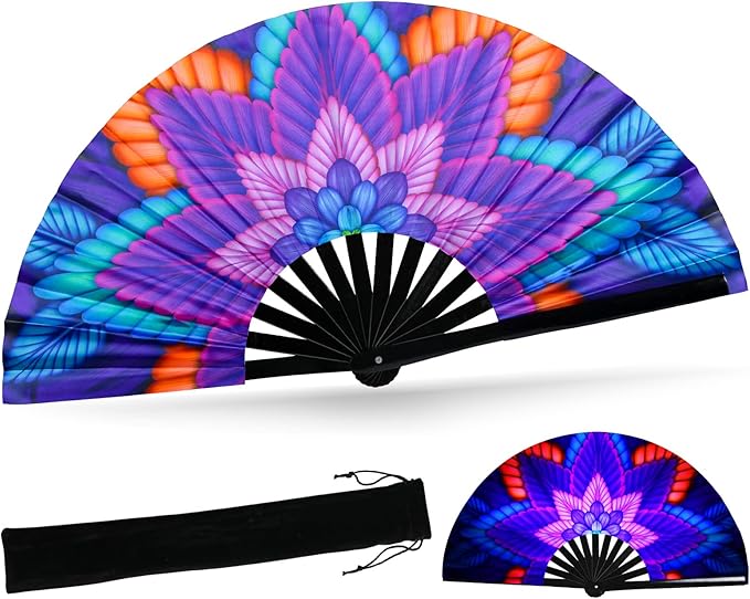 SYNTECSO Folding Hand Fan for Rave, UV Glow Fan, Large Bamboo Fan for Drag Queen, Women and Men Gift，Chinese Japanese Clack Fan for Parties, Music Festivals, EDM and Decoration