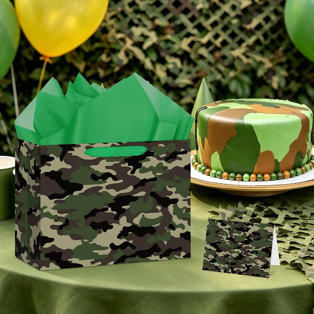 Abilat Large Camo Gift Bag with Tissue Paper and Greeting Card Camouflage Themed Gift Wrapping Bag for Boys Men Army Theme Birthday Baby Shower Party Decorations Supplies