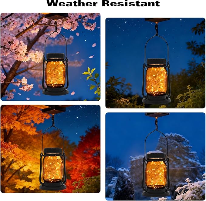 Mason Jar Lights - Solar Lantern Outdoor Waterproof, Hanging Solar Lights for Outside, Halloween, Fairy Twinkle Glass Decorative Lamp for Yard, Patio, Garden, Porch, Table, Wedding, Pack 2