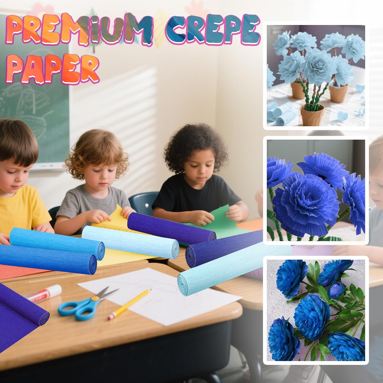 6 Rolls Crepe Paper Streamers, 10 Inch x 8 Feet (Blue) | Flower Making Kits With Floral Tape and Stem Wire for Birthday Party Wedding