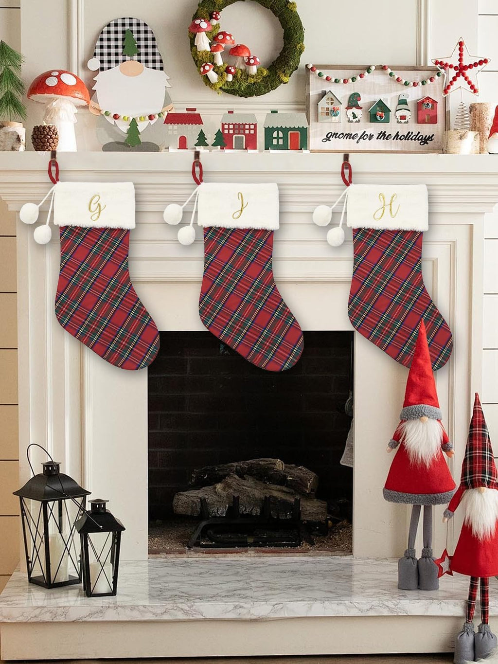 20" Classic Plaid Christmas Stockings Initial Monogram Embroidered Stockings with Pom Pom Ball for Christmas Fireplace Decor and Xmas Gift (M)