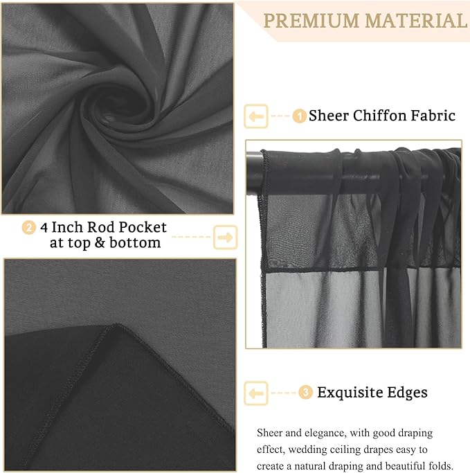 MODFUNS Black Ceiling Drapes for Weddings 2 Panels 5x20 FT Chiffon Wedding Arch Drapes Sheer Curtains Ceiling Decorations Tulle Drapery for Ceremony Archway Draping Fabric for Hallway Tent Stage Party