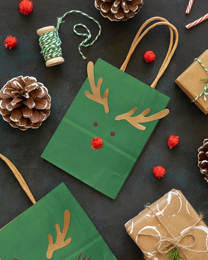 qiqee 50-Packs Kraft Deep Green Paper Gift Bags with Handles Bulk 4.5"x2.5"x6" Mini Size Party Favor Bags Multiple Uses