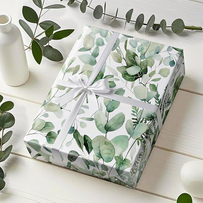 WRAPAHOLIC Eucalyptus Leaves Wrapping Paper Roll - Mini Roll - 17 Inch x 9.8 Feet - Greenery Wrapping Paper Perfect for Birthday, Wedding, Bridal Shower