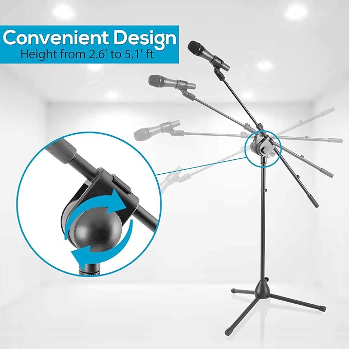 Pyle Dynamic Microphone and Tripod Stand-Height Adjustable from 2.6' to 5.1 Telescoping Boom Arm Mic Length 7.48'' Inch w/Acoustic Pop Filter-Includes 15' ft XLR Cable PMKSM20, Black
