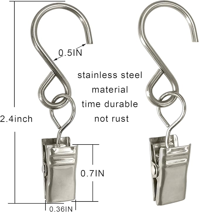 Stainless Steel S Hooks Curtain Clips, 50 Pack Hanging Party Lights Clips, Hangers Gutter Photo, Art Craft Display, 2.4 Inch Long, Silver