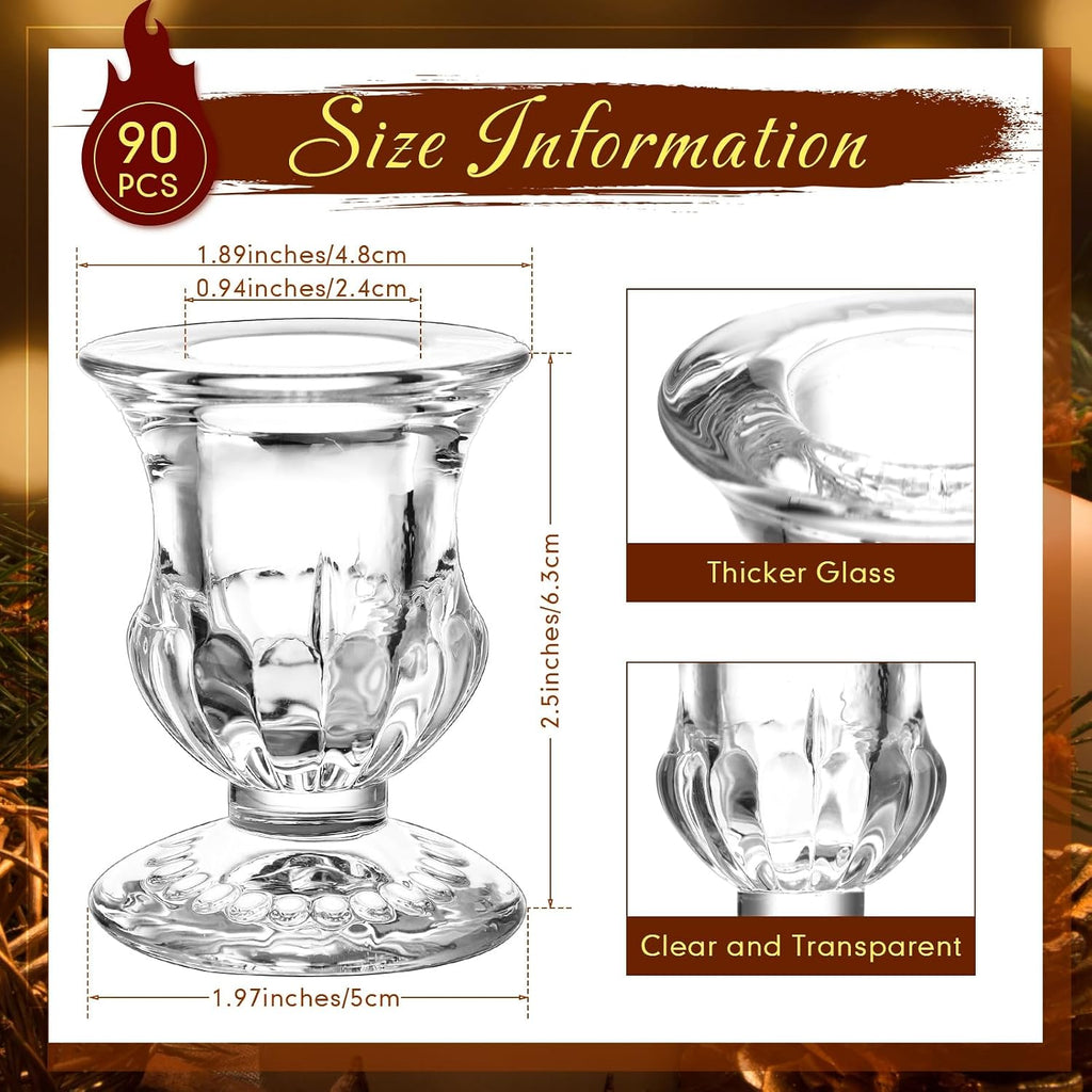 90 Pcs Clear Glass Candlestick Holders Taper Candle Holder Bulk 2.5 Inch Candle Stick Holder for Table Centerpiece Mantel Wedding Housewarming Gift Rustic Vintage Valentines Dinning Decoration (Clear)