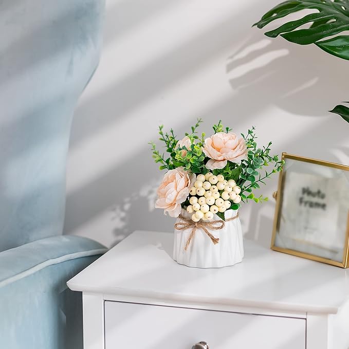 BLOSMON Table Decor Artificial Flowers Vase 7 Inch Small Fake Champagne Flower Arrangement 2pcs Floral Arrangement for Tables centerpieces Kitchen Dining Room Decorations Flower in Vase Silk Roses