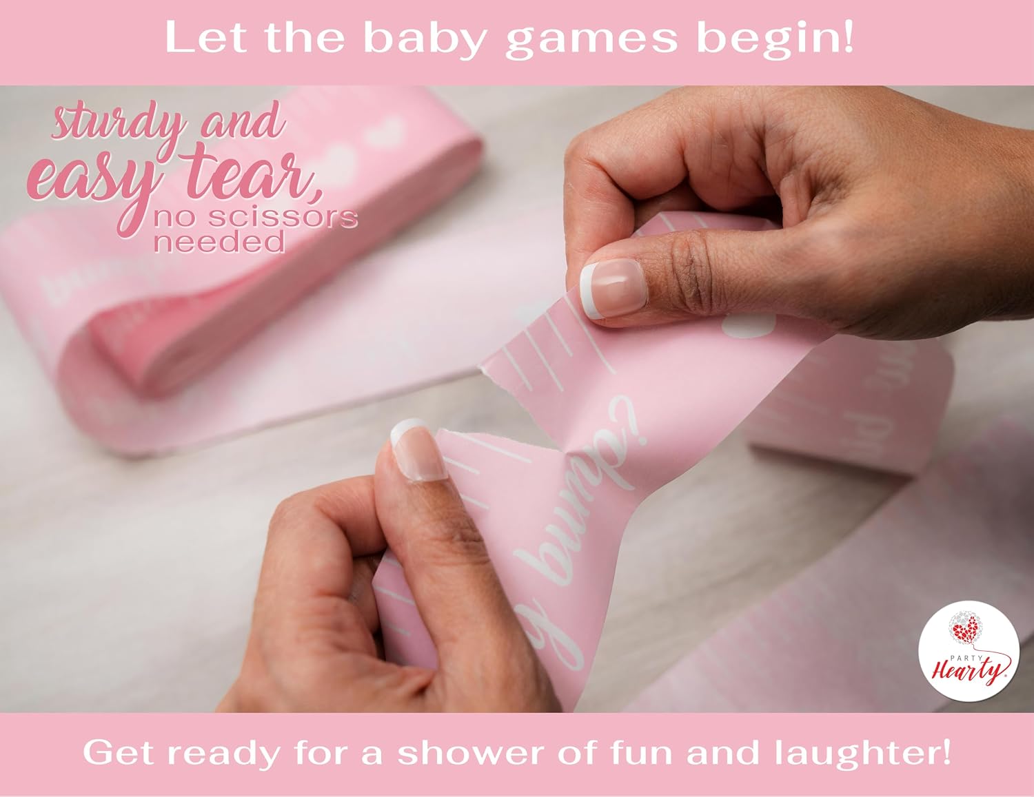 Party Hearty Baby Bump Measure Game, 2 Rolls, Baby Shower Game - Pink | 2 Inch Wide x 150 Feet Long x 2 Rolls, Sturdy but easy to tear, Fun & Easy Idea