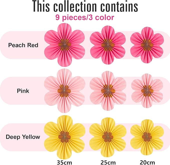SUNBEAUTY Paper Flowers Decorations for Wall Gold Flower Party Decorations Hanging Fans Floral Backdrop Decor Mothers Day Birthday Wedding Baby Shower Decoration Wall Set of 9