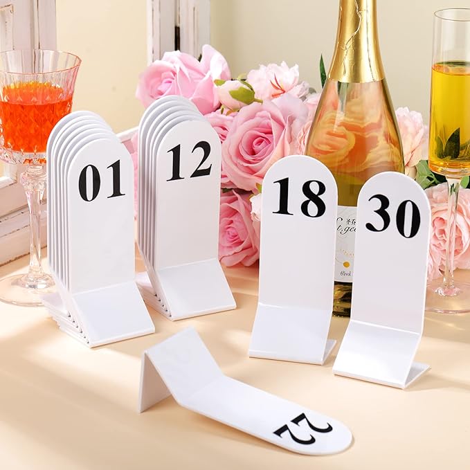 Remerry 50 Pcs Table Numbers 1-50 Acrylic Double Sided Number Cards Acrylic Tent Table Holders Tent Cards Wedding for Restaurant, 2.36 x 6.3 Inch (White)