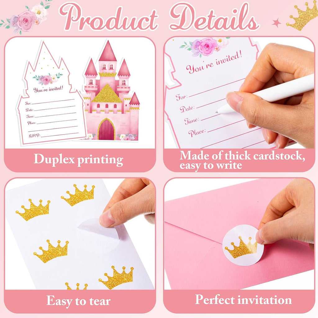 30 Sets Pink Castles Birthday Invitations with Envelopes Stickers Themed Invitations for Girl Boy Birthday Party Supplies Decoration